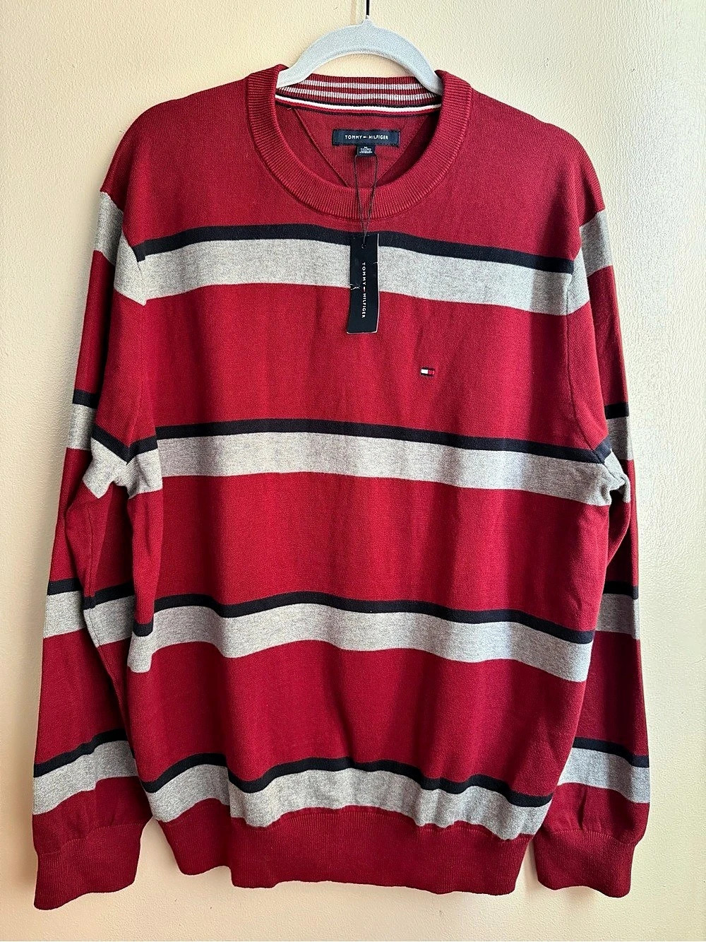 NWT Tommy Hilfiger Stripe Crewneck Sweater 100%Cotton Red, Black & Gray Size: XL